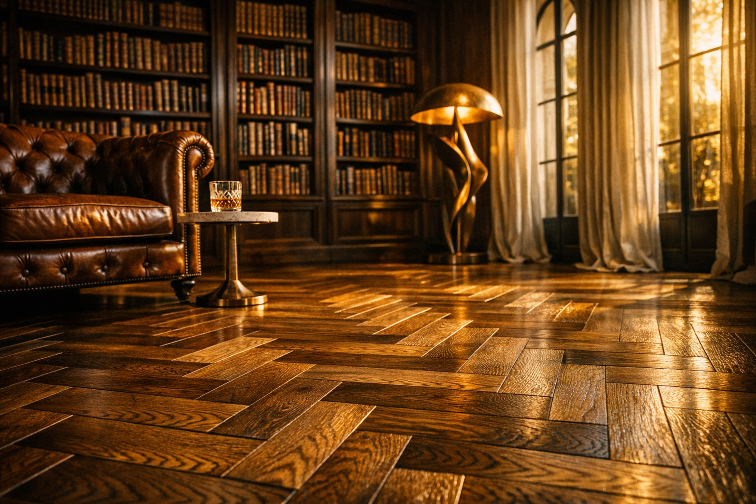 Herringbone white oak flooring in luxury private library