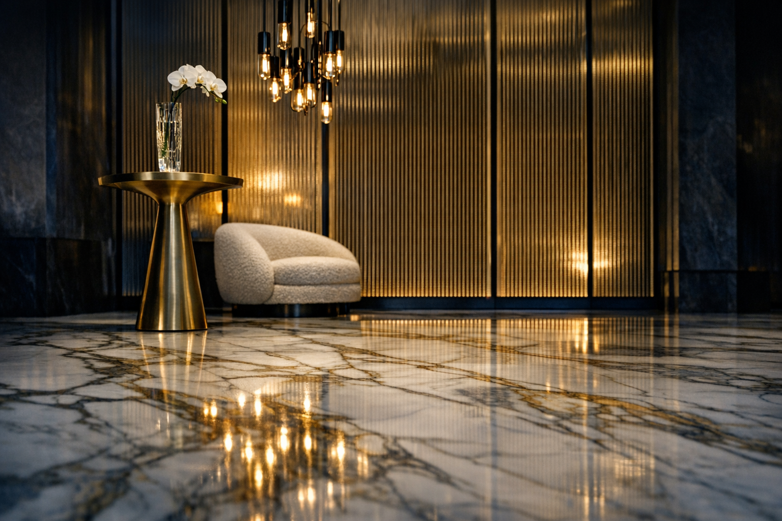 Polished Calacatta marble flooring in luxury hotel lounge