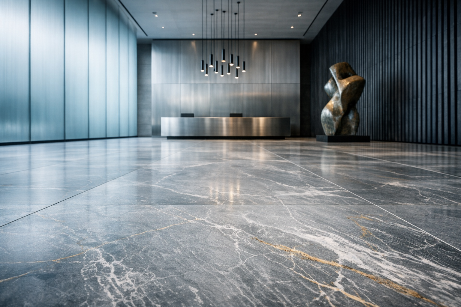 Large-format porcelain tile flooring in modern corporate lobby
