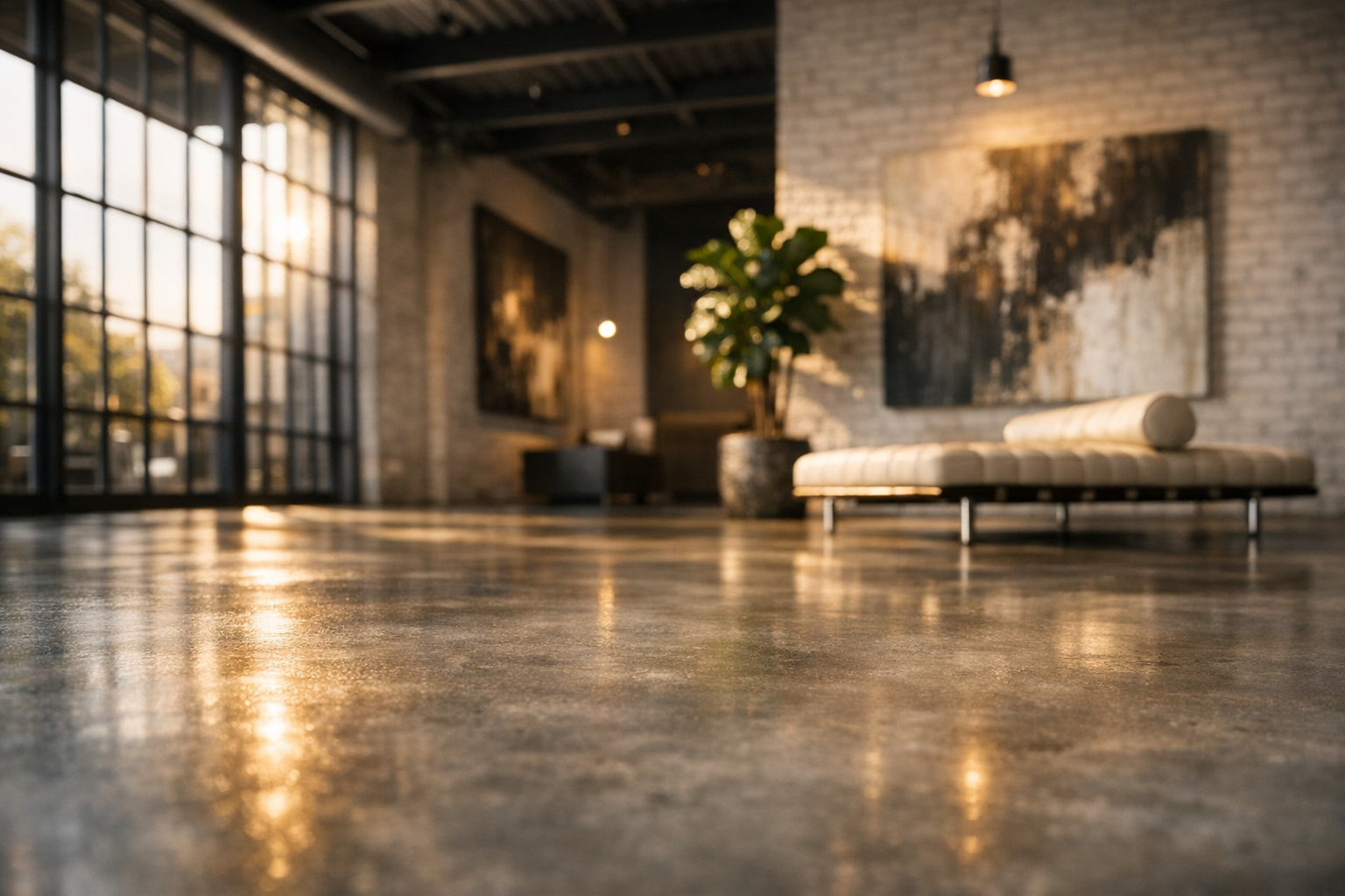 Polished concrete flooring in luxury gallery showroom