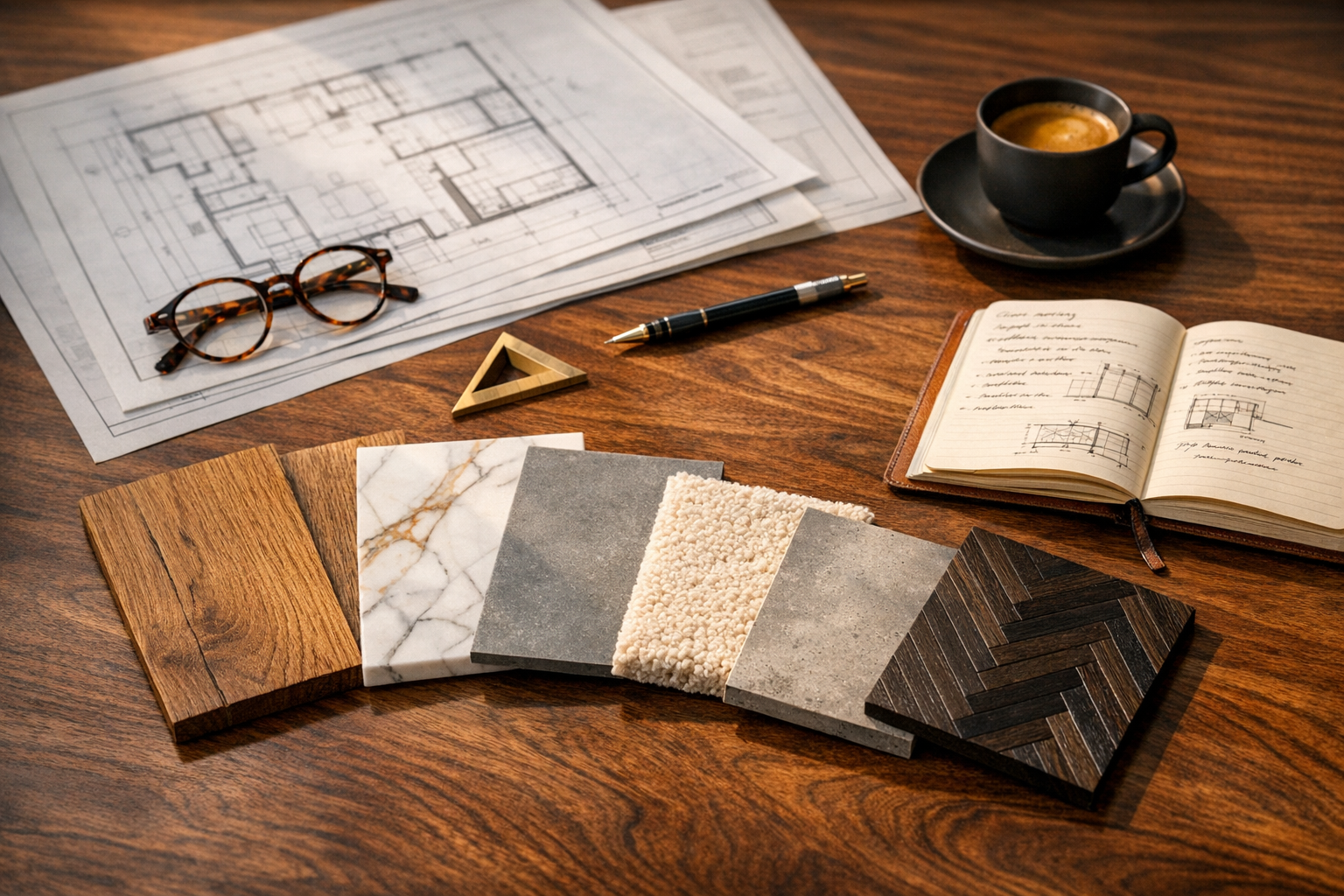 Flooring consultant workspace with material samples and architectural plans