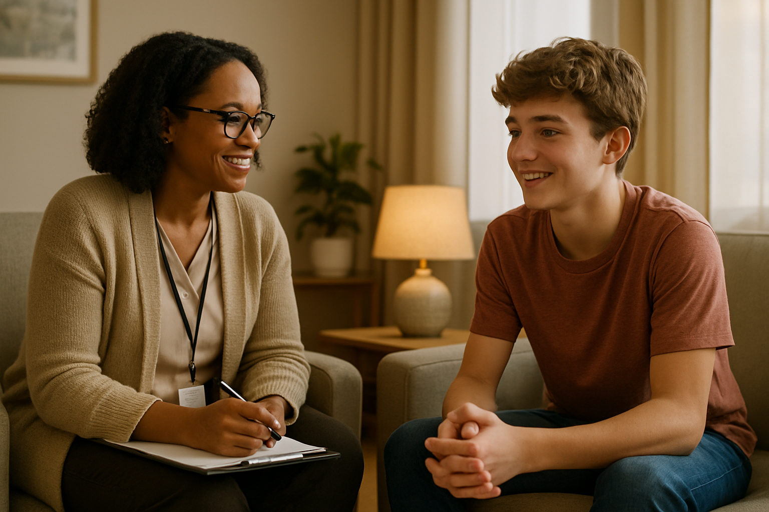 A caring staff member meeting one-on-one with a teenager