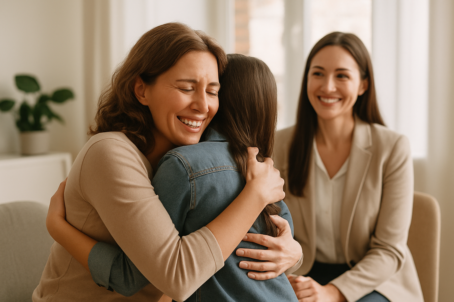 A warm family reunification moment with a parent, child, and staff member