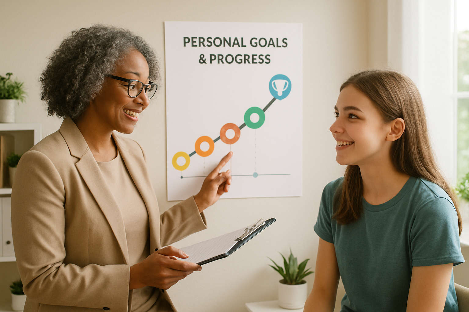 A counselor and teenager reviewing a personal goals board