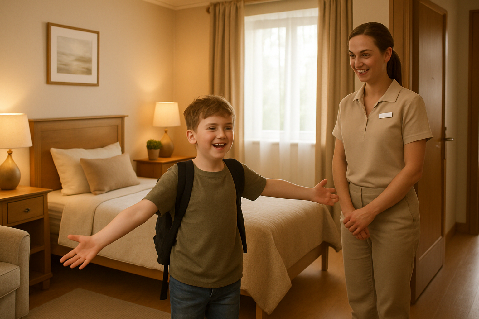 A child being warmly welcomed into a safe furnished bedroom