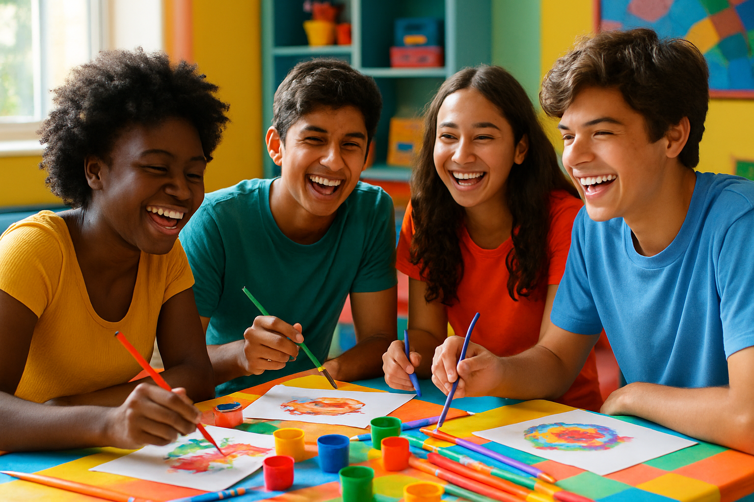 Diverse children engaged in group activities with a supportive staff member