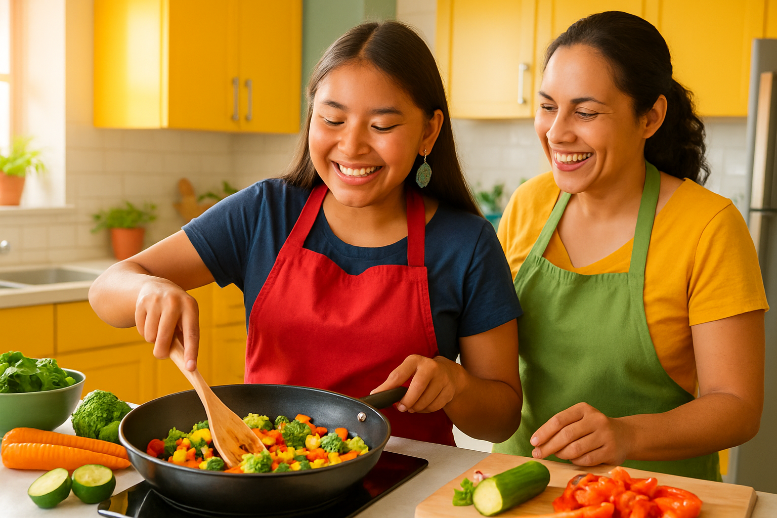 A teenager learning to cook in a bright residential kitchen with adult support