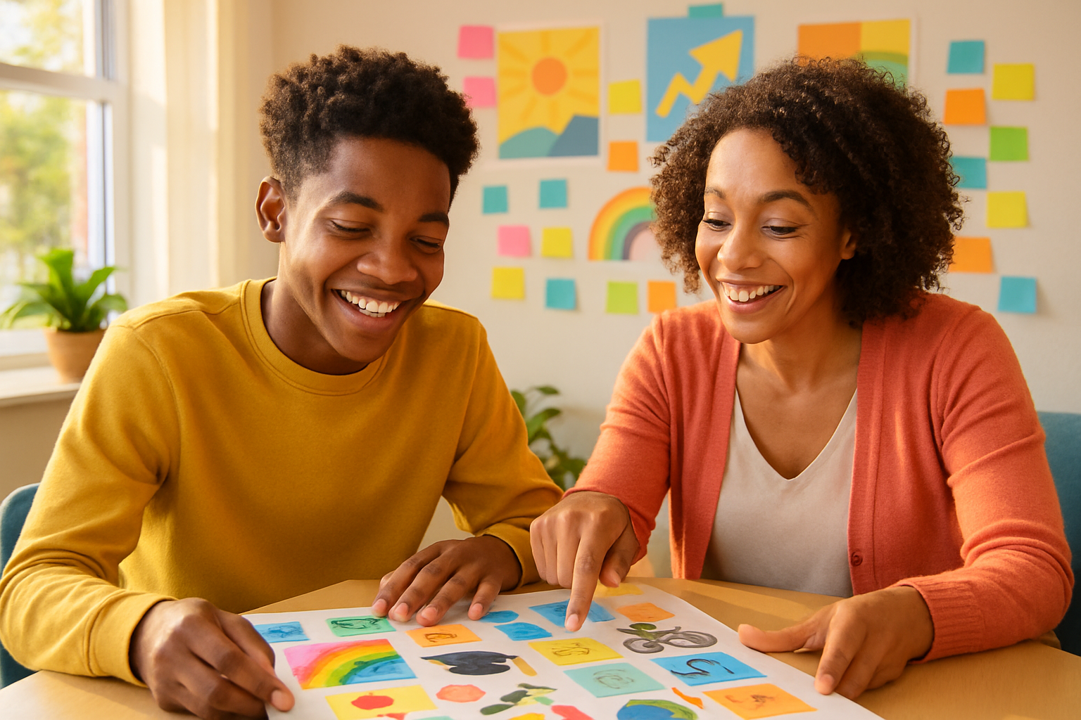 A young person reviewing their personal development goals with a counselor